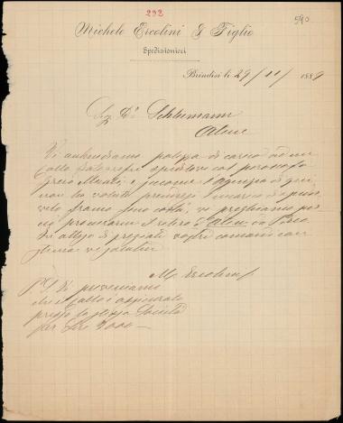 Letter sent by Ercolini, Michele to Schliemann, Heinrich, 1889