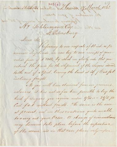 Letter sent by Fesser, F. & Co. to Schliemann, Heinrich, 1863