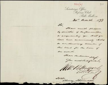 Letter sent by Reform Club to Schliemann, Heinrich, 1877