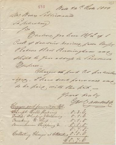 Letter sent by Cammel, George to Schliemann, Heinrich, 1850