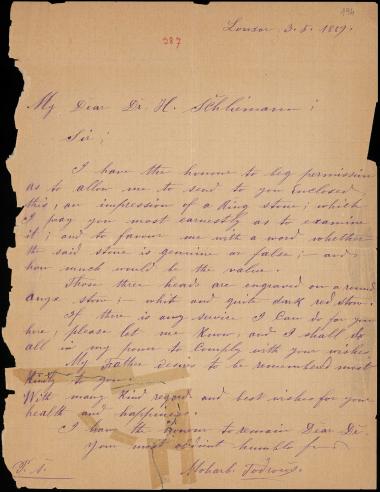 Letter sent by Todrons, Moharb. to Schliemann, Heinrich, 1889