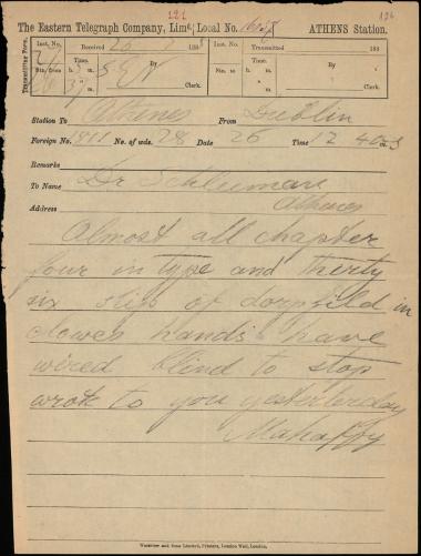 Letter sent by Mahaffy, John Pentland to Schliemann, Heinrich, 1885