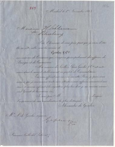 Letter sent by Gessler, A. to Schliemann, Heinrich, 1863