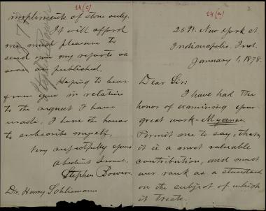Letter sent by Bower, Stephen to Schliemann, Heinrich, 1878