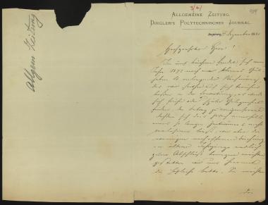 Letter sent by Allgemeine Zeitung to Schliemann, Heinrich, 1880