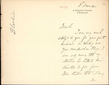 Letter sent by Blackie, John to Schliemann, Heinrich, 1883