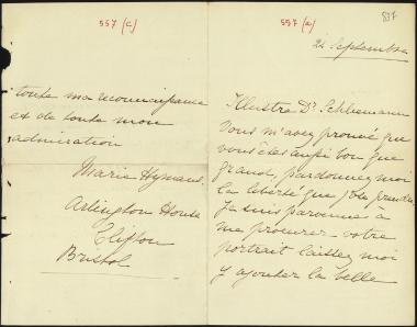 Letter sent by Hymans, Marie to Schliemann, Heinrich, 1879