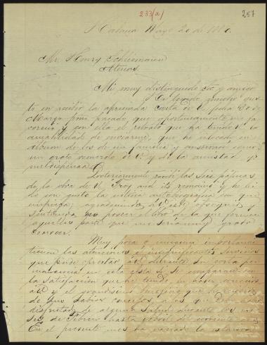 Letter sent by Ealo, Juan to Schliemann, Heinrich, 1886