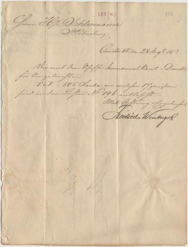 Letter sent by Winberg, Friedrich & Co. to Schliemann, Heinrich, 1853