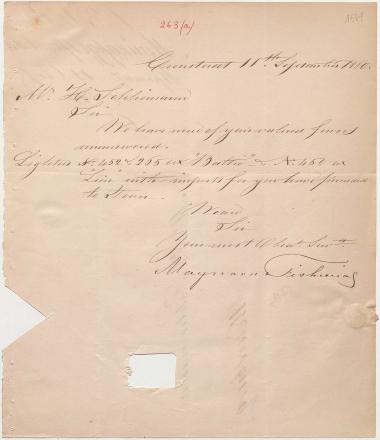 Letter sent by Maynard & Fishwicks to Schliemann, Heinrich, 1860
