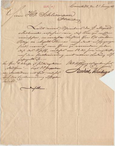 Letter sent by Winberg, Friedrich & Co. to Schliemann, Heinrich, 1857