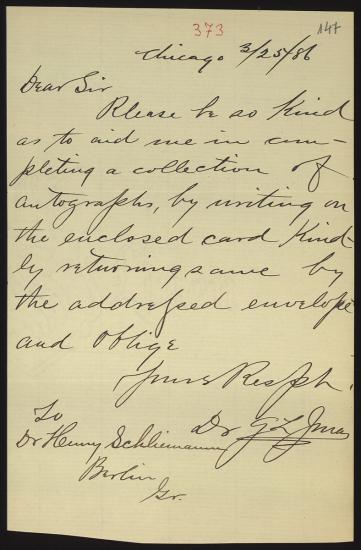 Letter sent by Jura, G. L. to Schliemann, Heinrich, 1886