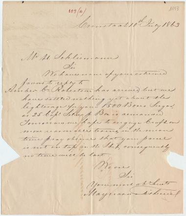 Letter sent by Maynard & Fishwicks to Schliemann, Heinrich, 1863