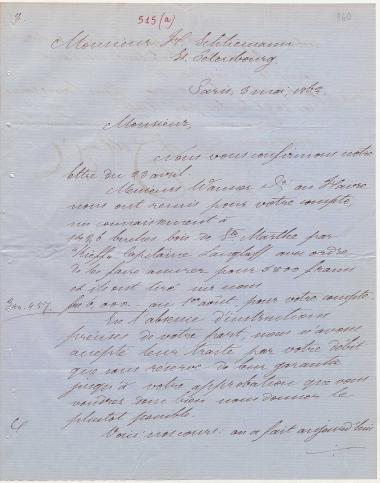 Letter sent by Zellweger, U. & Co. to Schliemann, Heinrich, 1862