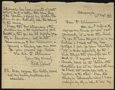 Letter sent by Calvert, Edith to Schliemann, Heinrich, 1885