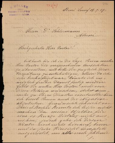 Letter sent by Möller, Henri to Schliemann, Heinrich, 1887