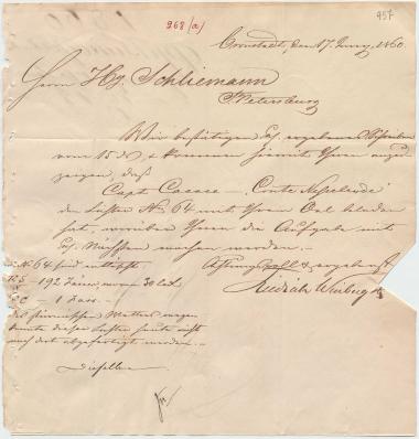 Letter sent by Winberg, Friedrich & Co. to Schliemann, Heinrich, 1860