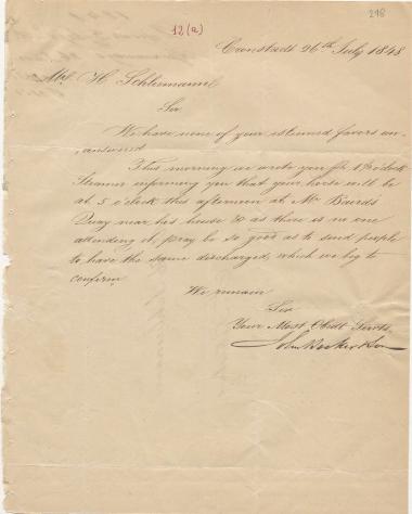 Letter sent by Booker, John & Son to Schliemann, Heinrich, 1848
