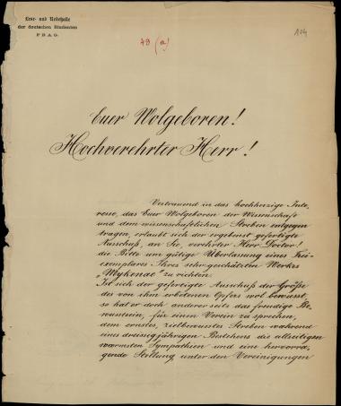 Letter sent by Lese- und Redehalle der deutschen Studenten in Prag to Schliemann, Heinrich, 1878