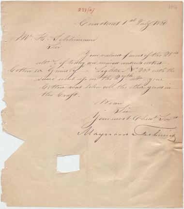 Letter sent by Maynard & Fishwicks to Schliemann, Heinrich, 1860