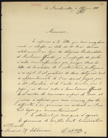 Letter sent by Hassan, ? to Schliemann, Heinrich, 1882