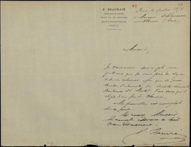 Letter sent by Beaurain, Polynice to Schliemann, Heinrich, 1898