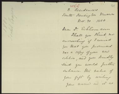 Letter sent by Cowper, Isabel A. to Schliemann, Heinrich, 1880