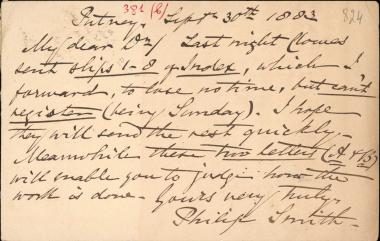 Letter sent by Smith, Philip to Schliemann, Heinrich, 1883