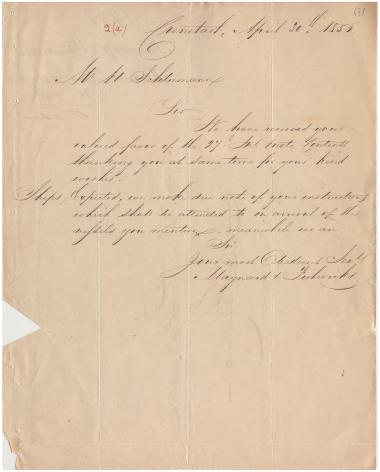 Letter sent by Maynard & Fishwicks to Schliemann, Heinrich, 1856