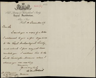 Letter sent by Rollit, A. K. to Schliemann, Heinrich, 1877