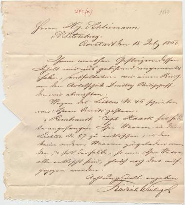 Letter sent by Winberg, Friedrich & Co. to Schliemann, Heinrich, 1860