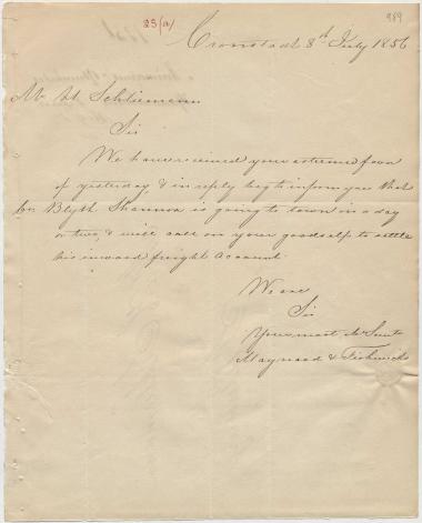 Letter sent by Maynard & Fishwicks to Schliemann, Heinrich, 1856