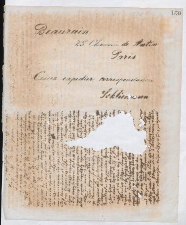 Copy of letter by Schliemann, Heinrich to Beaurain, Polynice, 1869