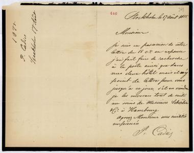 Letter sent by Cadier, P. to Schliemann, Heinrich, 1875
