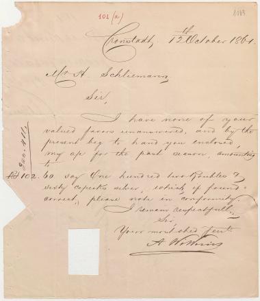 Letter sent by Wilkins, A. to Schliemann, Heinrich, 1861