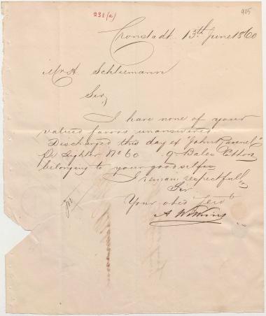 Letter sent by Wilkins, A. to Schliemann, Heinrich, 1860