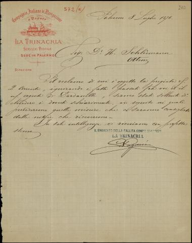 Letter sent by Il Sindacato della Fallita Compagnia di Navigazione \