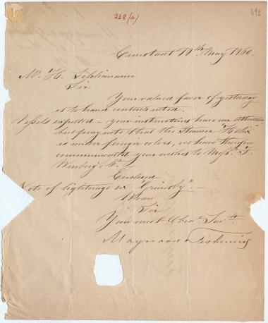 Letter sent by Maynard & Fishwicks to Schliemann, Heinrich, 1860