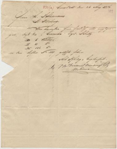 Letter sent by Winberg, Friedrich & Co. to Schliemann, Heinrich, 1856