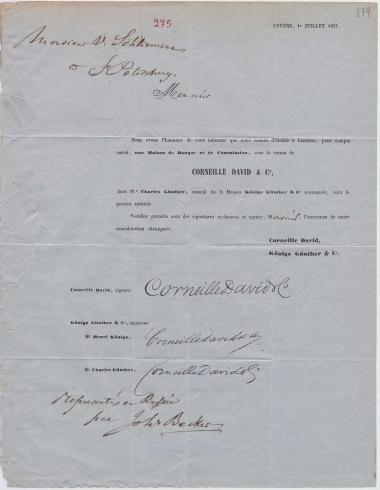 Letter sent by David, C. & Günther Königs & Co. to Schliemann, Heinrich, 1857