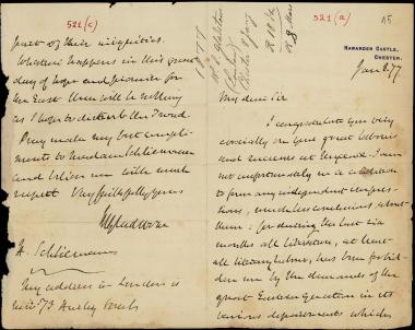 Letter sent by Gladstone, William Ewart  to Schliemann, Heinrich, 1877