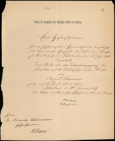 Letter sent by Verein für Geschichte der bildenden Künste zu Breslau to Schliemann, Heinrich, 1887