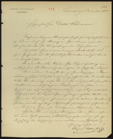 Letter sent by Stoltenhoff, August to Schliemann, Heinrich, 1880