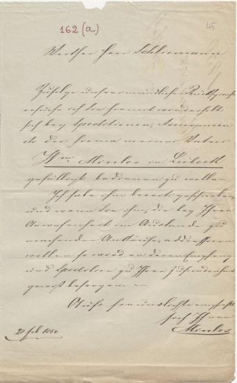 Letter sent by Minlos, Eduard to Schliemann, Heinrich, 1850