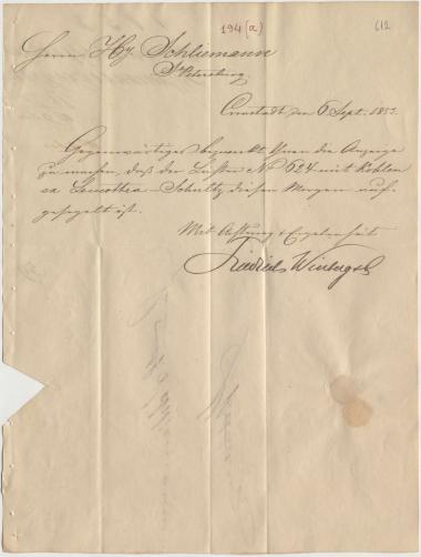 Letter sent by Winberg, Friedrich & Co. to Schliemann, Heinrich, 1853