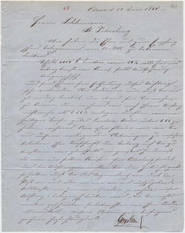 Letter sent by Kellner, George to Schliemann, Heinrich, 1860