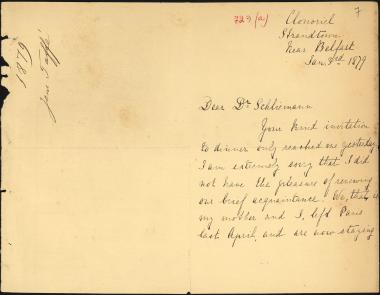 Letter sent by Taffé, Jane to Schliemann, Heinrich, 1879