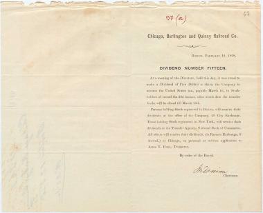 Letter sent by Chicago Burlington & Quincy Railroad Co. to unknown receiver, 1868