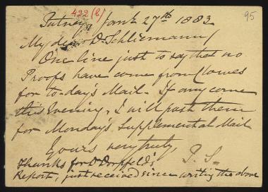 Letter sent by Smith, Philip to Schliemann, Heinrich, 1883