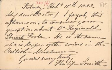 Letter sent by Smith, Philip to Schliemann, Heinrich, 1883